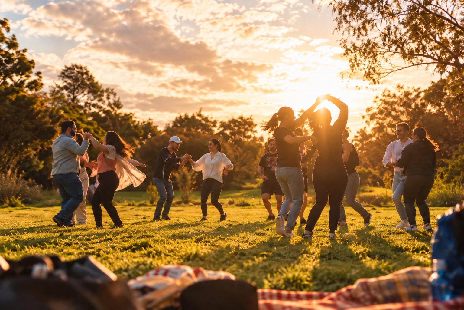A group social dancing in a park in warm evening light